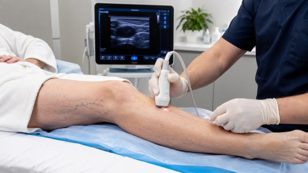 Physician performing ultrasound-guided endovenous ablation on a patient's leg, with the duplex ultrasound image displayed on screen